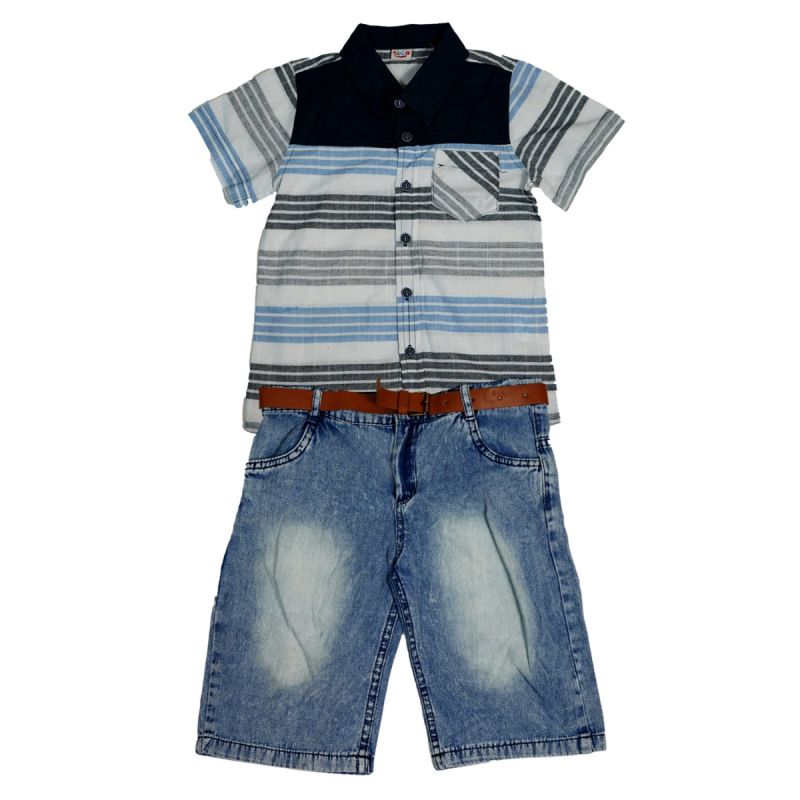 Ensemble jean culotte chemisette tissus 3 pièces - Bleue - 6 ans