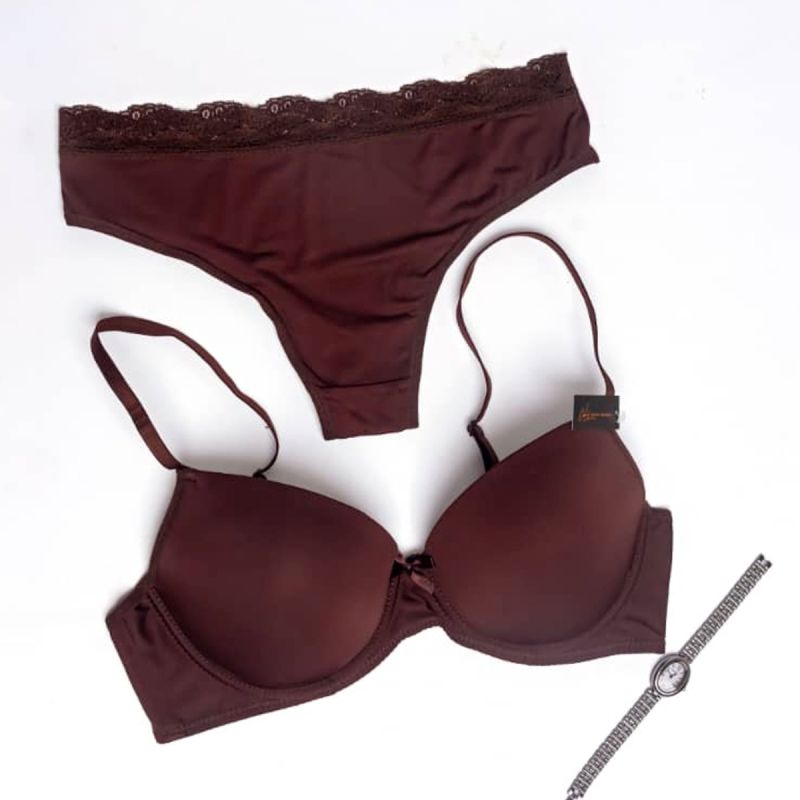 Ensemble Soutien-gorge rembourré + Culotte en tissu extensible, marron chocolat, vendu sur Glotelho.