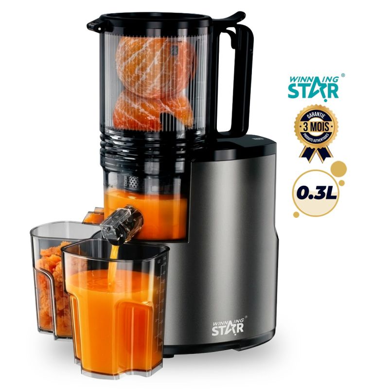Extracteur de Jus à Mastication - WINNING STAR - ST-1050 - 0,3 L - 250W - Double Extraction - Filtre Détachable en Inox - Moteur en Cuivre - Matériau Incassable,  Poignée Traction  - Gris/Noir - Garantie 3 mois