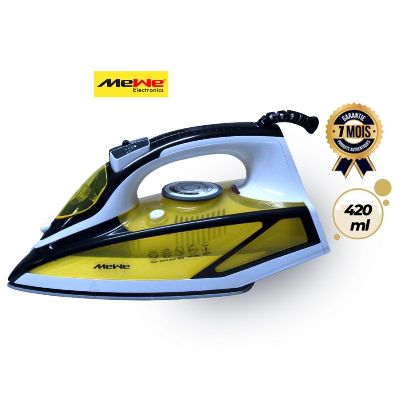 Fer à repasser à vapeur MEWE  2400-2600 W – MWIRON-08Y –Semelle céramique antiadhésive – Réservoir 420 ml – Noir/blanc/jaune – Garantie 1 Mois