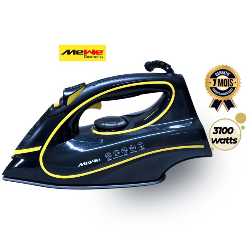 Fer à repasser à vapeur MEWE 3100 W – MWIRON-09BK – Semelle antiadhésive – Réservoir 450 ml  – Noir/jaune – Garantie 1 Mois