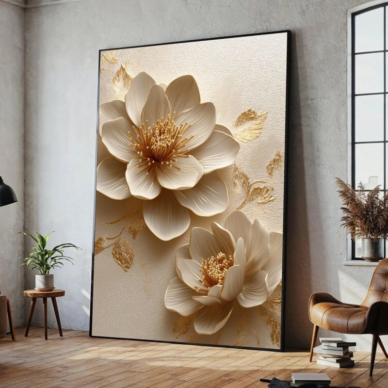 Tableau Décoratif Mural - Floral Doré Multicolore - Toile Imprimée Effet 3D