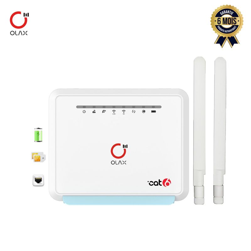 Flybox Olax MC80 AC1200 CAT6 - 4G LTE - WiFi Double Bande - 4 ports Gigabit, AC120  - Batterie 5000 mAh - Compatible Tout Opérateur (MTN, ORANGE, CAMTEL) - Blanc – Garantie 6 Mois
