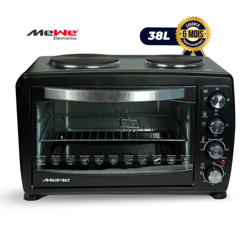 Four électrique MEWE 38 litres MW-OP38 - Avec grill et plaque de cuisson - 2 foyers - 3200 W - Température 100° à 250° - Minuterie 120 min avec arrêt automatique - Accessoires Inox - Noir - Garantie 6 mois