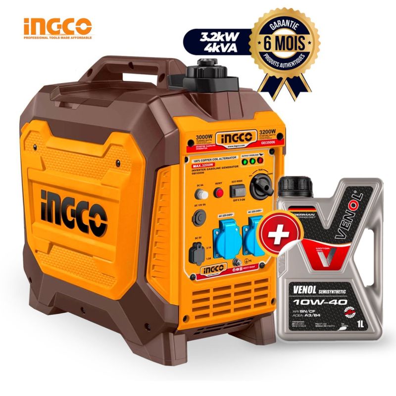 Groupe électrogène à essence inverter - INGCO GEI35006 - 3,2 kW + Huile Moteur VENOL SEMISYNTHETIC 10W40 - 1 Litres - Garantie 6 Mois