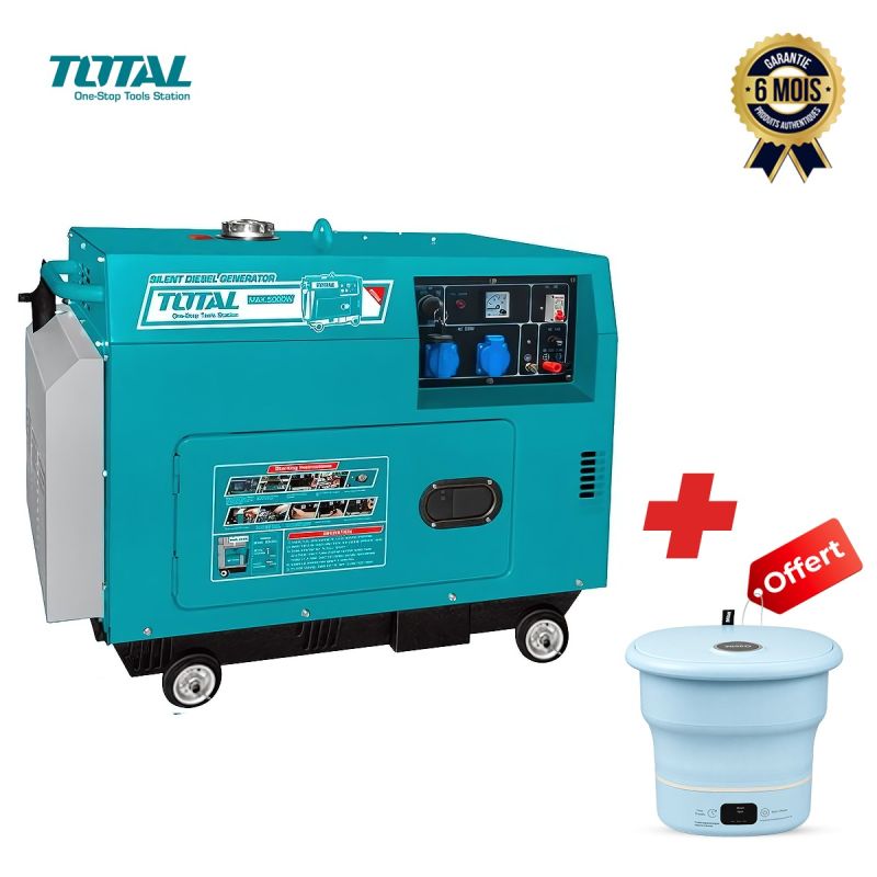 Groupe électrogène Silencieux TOTAL 5000W/6.2KVA Triphasé + Mini Machine à Laver OSCAR 1,7 kg Offerte