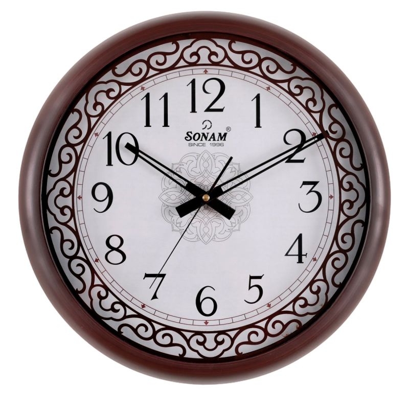Horloge Murale Analogique - SONAM SO3237 - Quartz Silencieux - Cadran Blanc Arabesques & Motif Floral - Cadre Effet Bois Marron