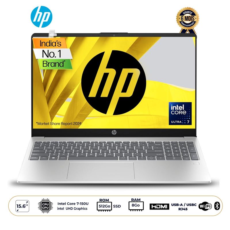 Ordinateur Portable HP 15-FD – Intel Core 7-150U – 512Go SSD – 8Go RAM – 15.6″ FHD Tactile – Windows 11 – QWERTY – Argent – Garantie 6 Mois
