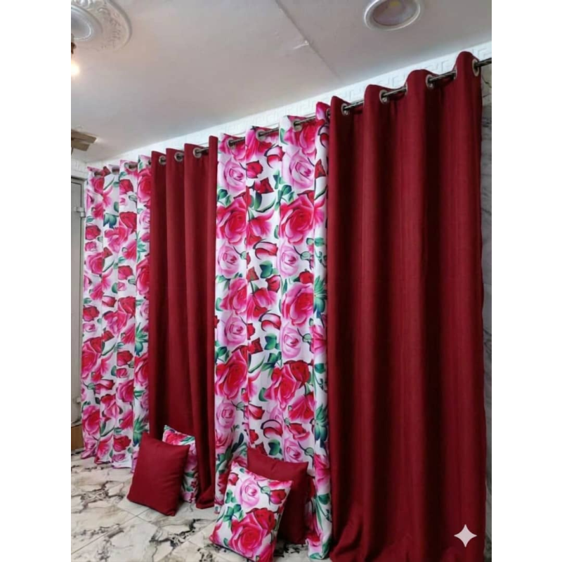 Lot de 4 Rideaux Occultants 280x250 cm + 4 Housses de Coussin Assorties – Rose Framboise & Motif Floral Roses Roses sur Fond Rose Pâle – Design moderne et chaleureux
