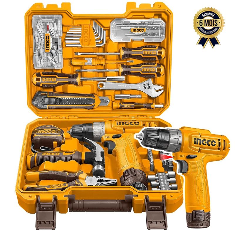 Malette d'Outils INGCO  148 Pièces – Avec Perceuse Sans Fil 12V, garantie 6 mois sur Glotelho Cameroun.