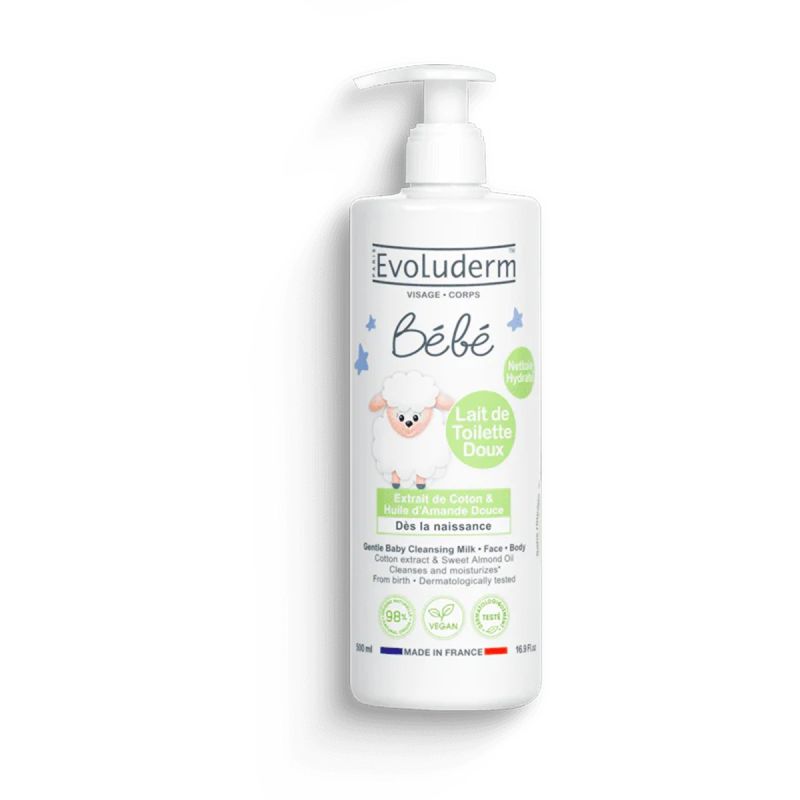 Lait de Toilette Doux Visage & Corps Bébé Evoluderm 500 ml, à l'extrait de coton et l'huile d'amande douce, prix en FCFA Cameroun.