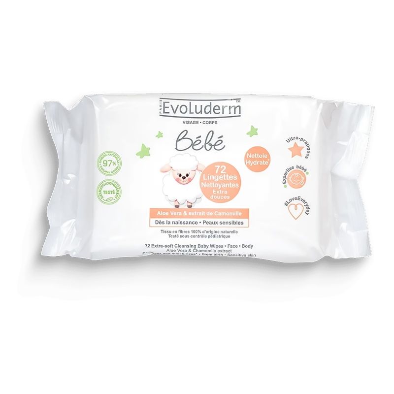 Lingettes Bébé Nettoyantes Extra-Douces – Evoluderm - Nettoyantes douces sans alcool - 72 lingettes