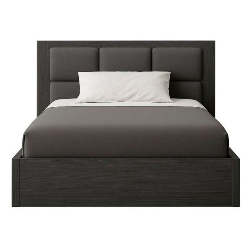 Lit contemporain – Compact – 4 places – Bois dur traité – Tête rembourrée gris anthracite – Finition Formica noir mat – Dimensions 180x190 cm – Livré démonté
