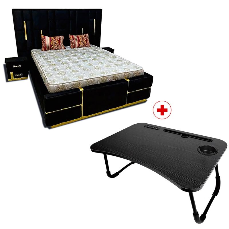 Lit complet 02 places en Velours noir + Matelas orthopédique 140x190x20 cm + Table pliante pour ordinateur OFFERTE