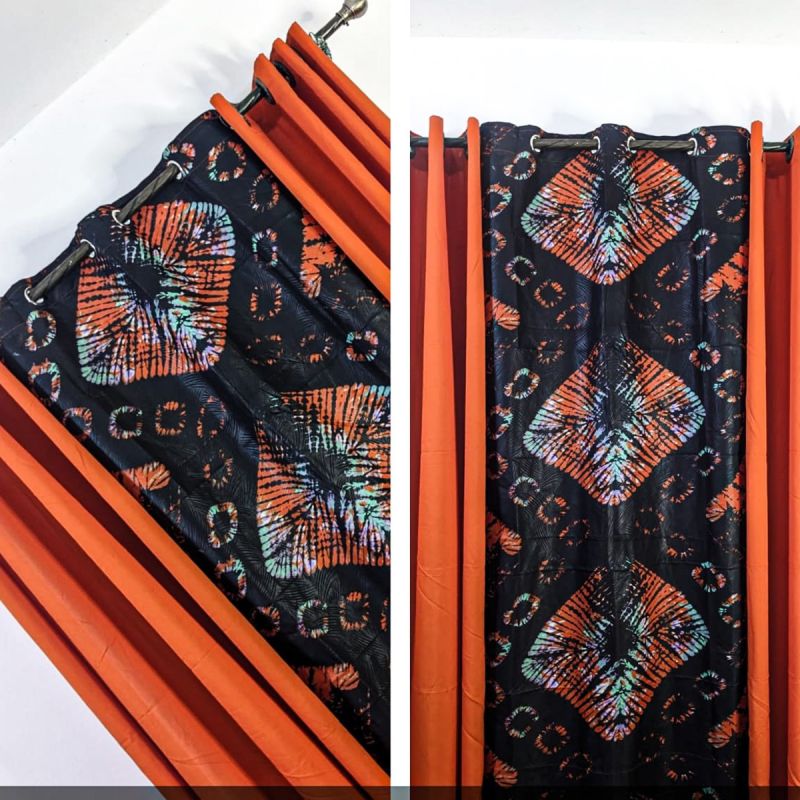 Lot De 2 Rideaux Africain Occultant (Lourd) & Voilage Transparent - Orange/Noir