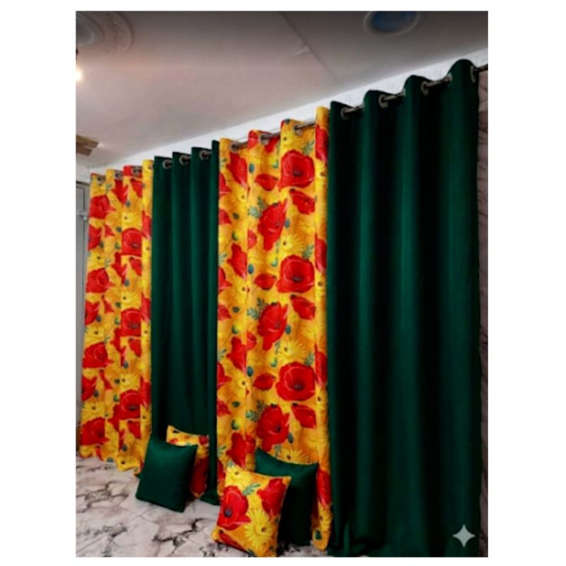 Lot de 4 Rideaux + 4 Housses de Coussin (2 Occultants Lourds + 2 Voilages Transparents Imprimés) – Vert Sapin / Floral Roses Rouges sur Fond Jaune
