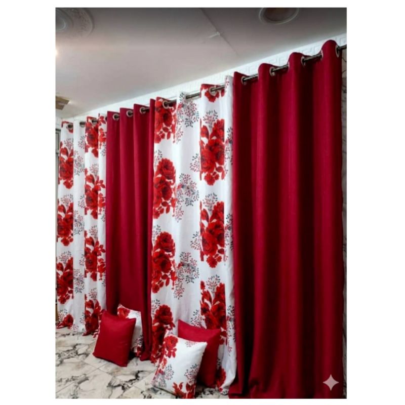 Lot de 4 Rideaux + 4 Housses de Coussin (2 Occultants Lourds + 2 Voilages Transparents Imprimés) – Rouge Bordeaux / Floral Roses Rouges sur Fond Blanc