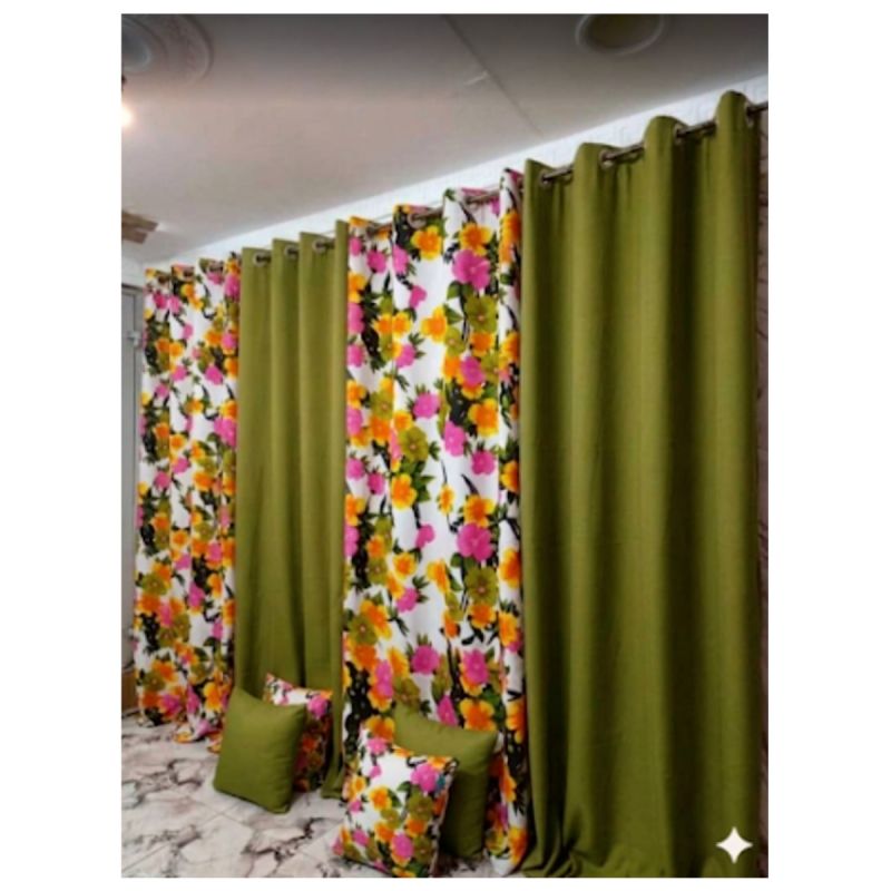 Lot de 4 Rideaux + 4 Housses de Coussin (2 Occultants Lourds + 2 Voilages Transparents Imprimés) – Vert Olive / Floral Rose Multicolore