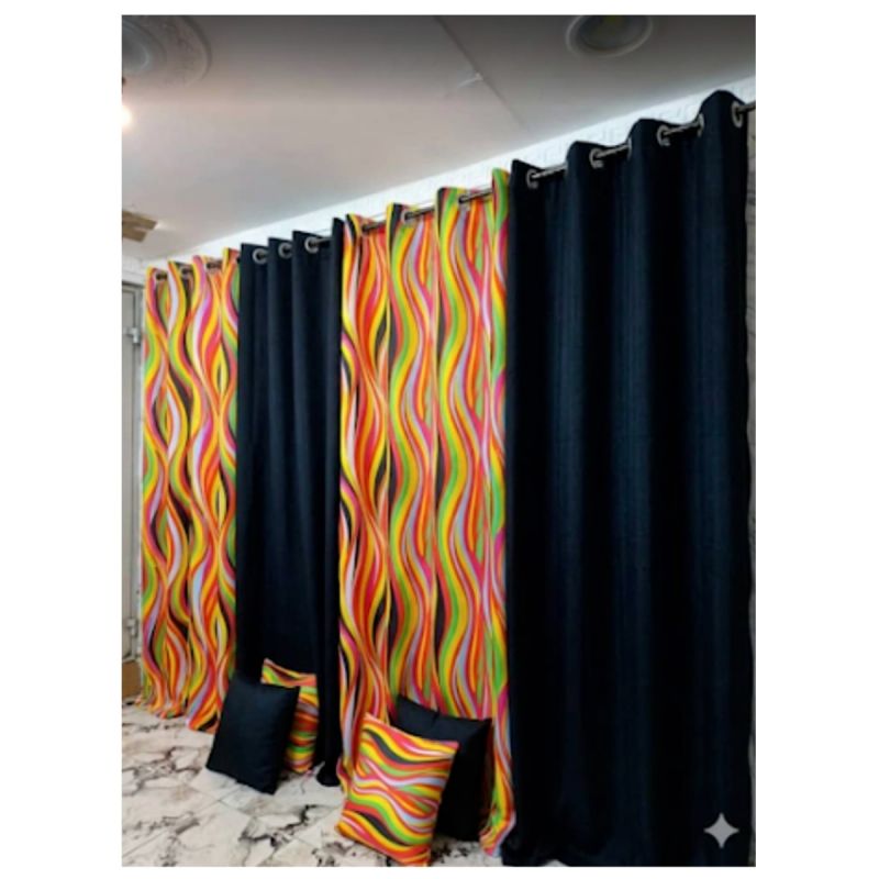 Lot de 4 Rideaux + 4 Housses de Coussin (2 Occultants Lourds + 2 Voilages Transparents Imprimés) – Noir / Vagues Multicolores