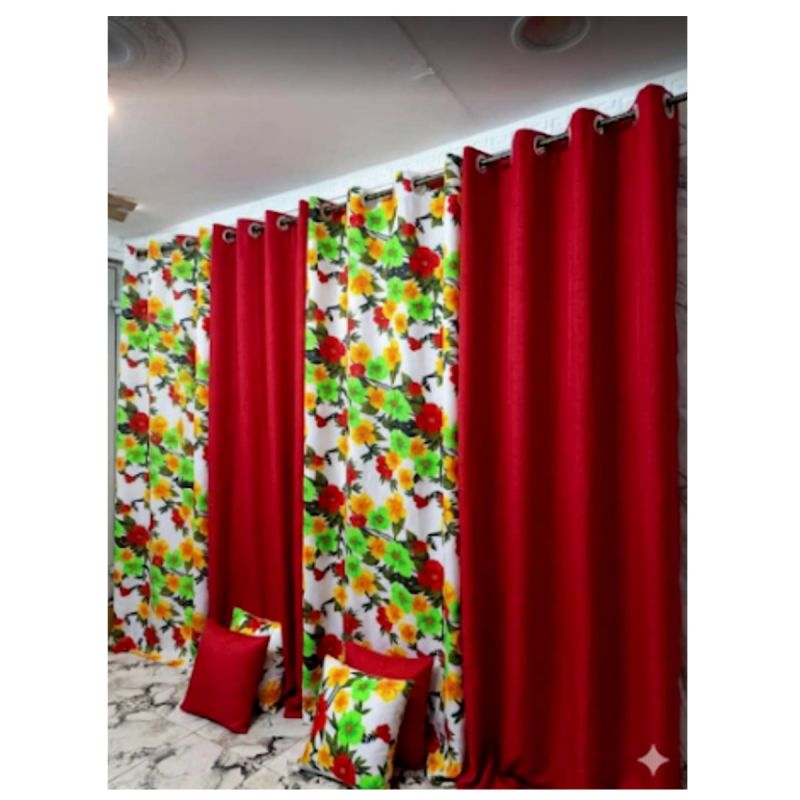 Lot de 4 Rideaux + 4 Housses de Coussin (2 Occultants Lourds + 2 Voilages Transparents Imprimés) – Rouge Vif / Floral Multicolore sur Fond Blanc