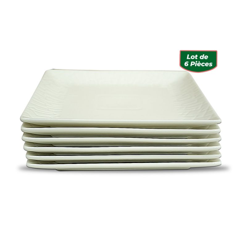 Set de 6 assiettes à dessert carrées en porcelaine avec bord