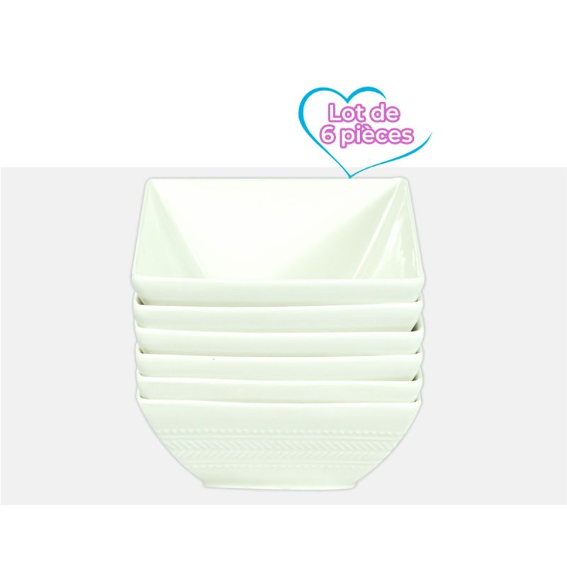 Lot de 6 Bols Carrés en Porcelaine, blanc, bien lourds et solides, prix Cameroun. 