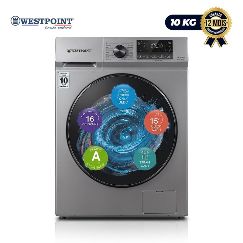 Machine à Laver automatique WESTPOINT 10 KG  – WMT-1014A25.DS – Chargement frontal  – Inverter BLDC – 1400 TPM – 16 Programmes – Lavage vapeur – Lavage rapide 15 Min – Classe A – Garantie 12 Mois