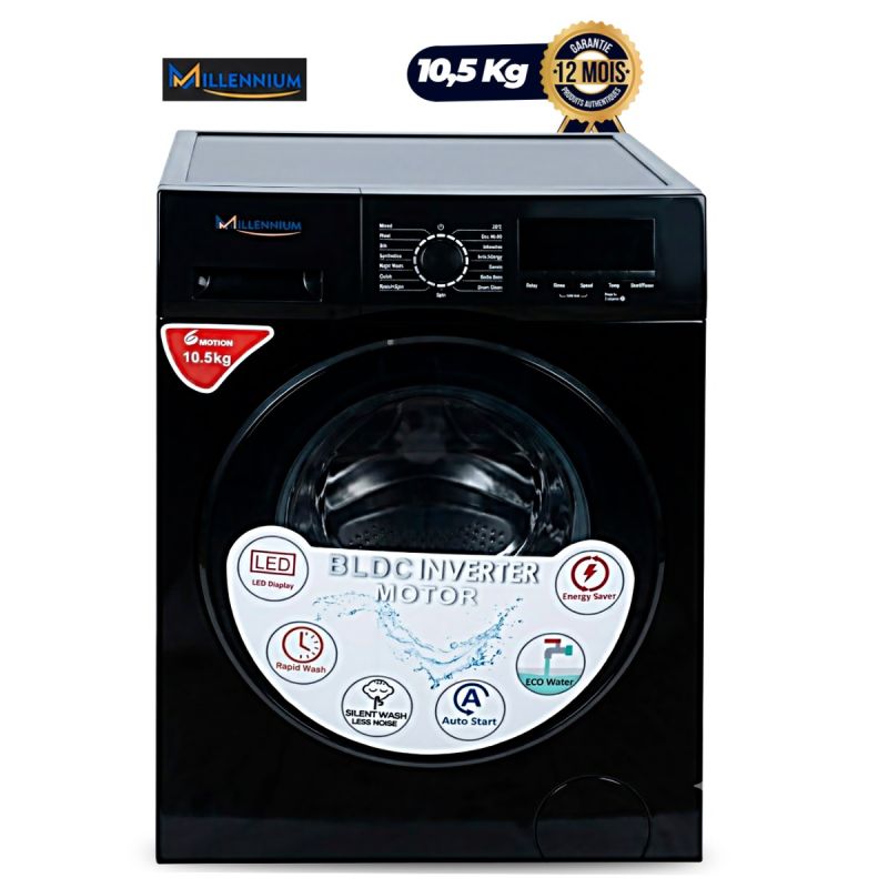 Machine à Laver automatique MILLENNIUM - WM-FL1014BLC - 10,5 Kg - Chargement Frontal - Moteur BLDC Inverter - 1400 Tours/min - Classe A+++ - 217 kWh/an - 60 dB Lavage - 76 dB Essorage - Consommation Eau 11660 L/an - Noir - Garantie 12 Mois