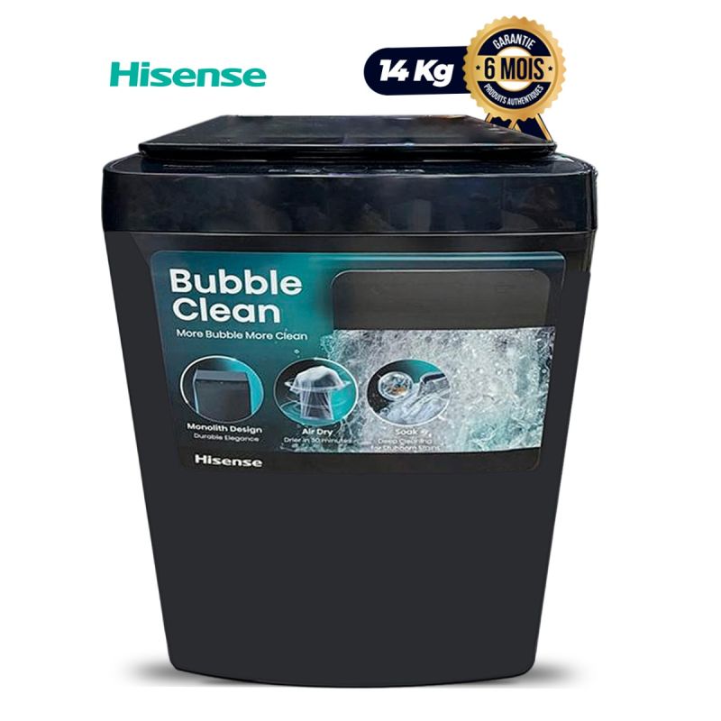 Machine à laver automatique Top Load HISENSE – 14 kg, noir, garantie 6 mois, prix Cameroun.