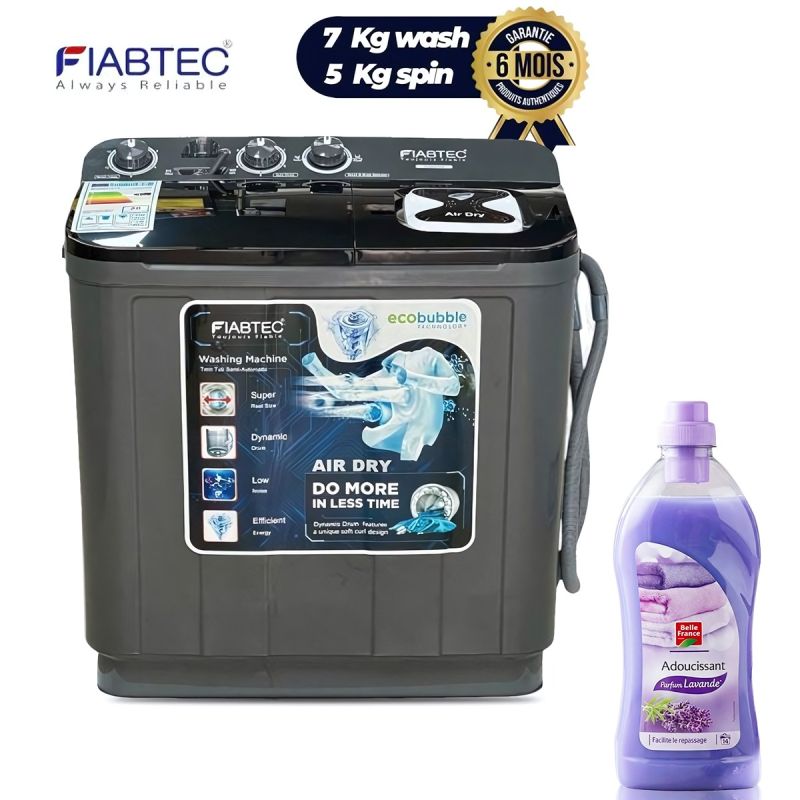 Machine à Laver semi automatique FIABTEC 7Kg + Adoucissant BELLE FRANCE Lavande 1L OFFERT - Garantie 6 mois