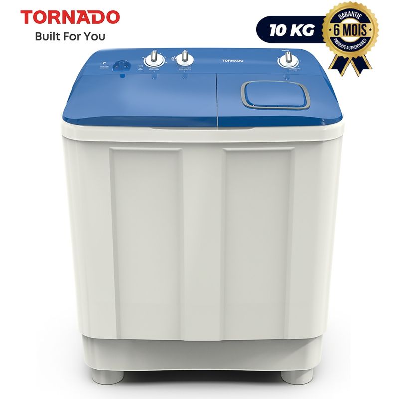 Machine à laver semi‑automatique TORNADO 10 Kg, blanc et bleu, garantie 6 mois, Prix Cameroun.