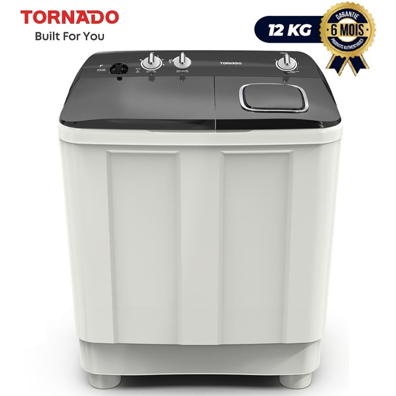 Machine à laver semi‑automatique TORNADO 12 kg, blanc et noir, garantie 6 mois, au meilleur prix du Cameroun.