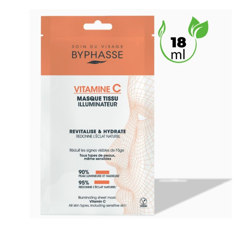 Masque visage tissu – Byphasse – Skin Booster Vitamine C – Acide hyaluronique – Éclat & hydratation – 18 ml – Tous types de peau