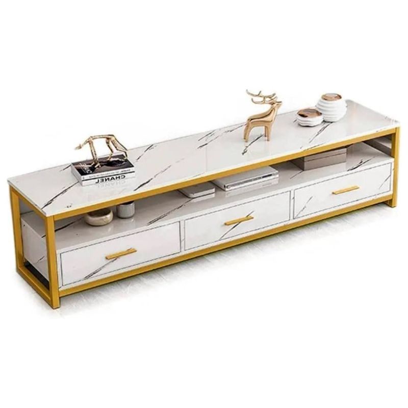 Meuble TV Moderne Luxe – Blanc marbré & Finitions dorées – 120 cm – jusqu'à 47 pouces – 3 tiroirs