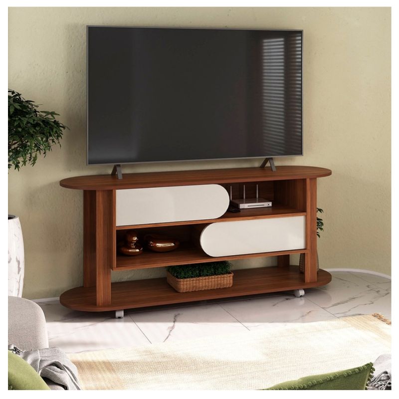 Meuble TV moderne bois et blanc, design scandinave ovale, 60 pouces, mobile sur roulettes, plusieurs étagères et niches, prix Cameroun. 