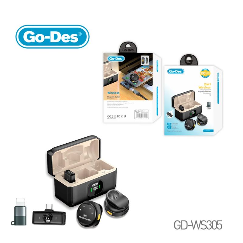 Microphone cravate sans fil 2-en-1 Go-Des GD-WS305 – Double micro magnétique avec étui de chargement – Son clair – Compatible USB-C & Lightning - Garantie 3 Mois