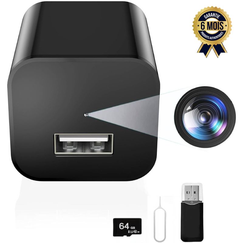 Mini Caméra Chargeur DUVIX Full HD 1080P – Vision Nocturne IR 5m, Détection PIR, Enregistrement continu/détection, Wi-Fi, Carte microSD 64 Go incluse – Garantie 6 Mois