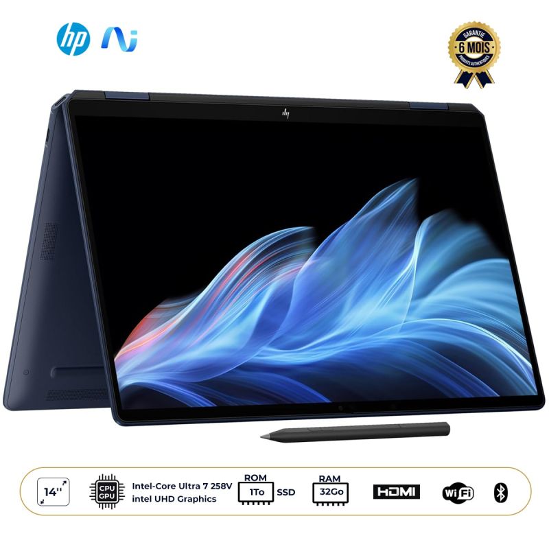Ordinateur portable 2-en-1 - HP - OmniBook Ultra Flip - Écran 14" Tactile 2880x1800 - Intel Core Ultra 7 258V - 32GB RAM - 2TB SSD - Caméra 9MP AI - Clavier AZERTY - FreeDos - Garantie 6 mois