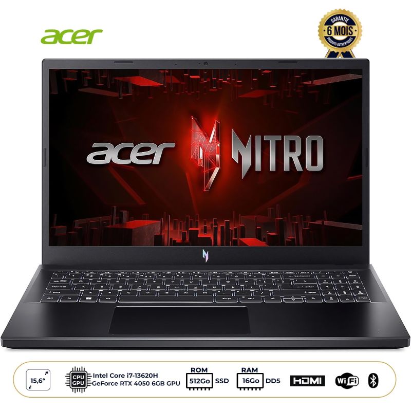 Ordinateur Portable Gaming-  Acer Nitro V15 - ANV15-51-76ER - 15.6" FHD 165Hz - Core i7-13620H - 16GB RAM DDR5 - 512GB SSD - RTX 4050 6GB - Garantie 6 mois