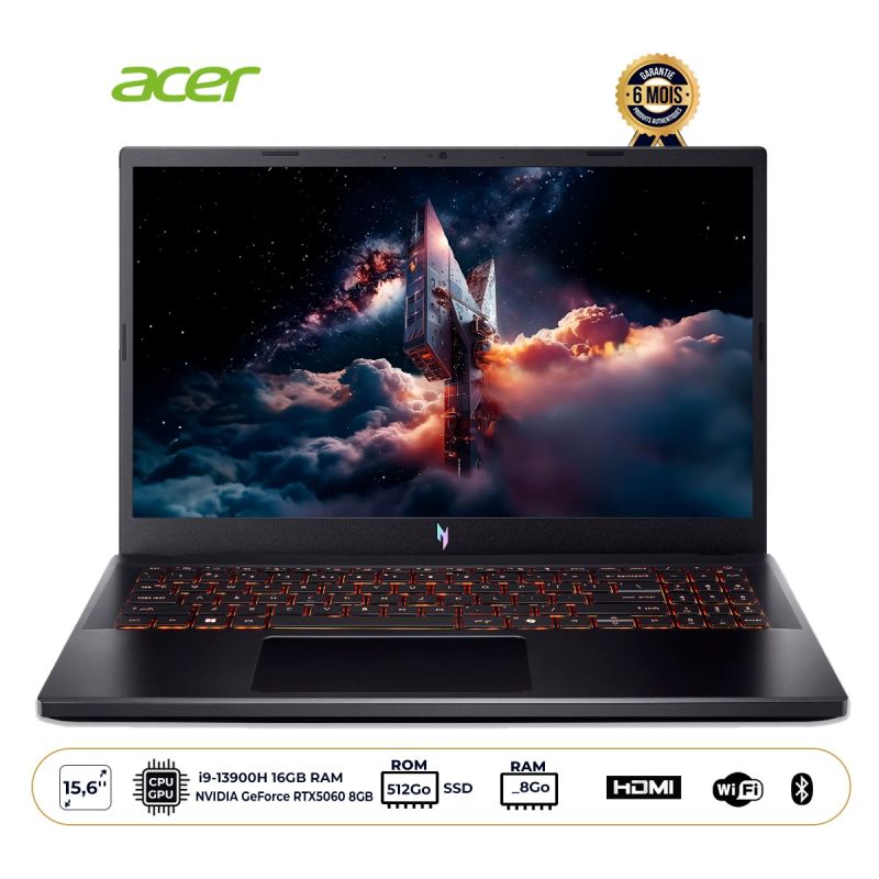 Ordinateur portable gaming - Acer Nitro V 15 - Écran 15,6" FHD IPS 165 Hz - Intel Core i9-13900H - 16 Go RAM - 512 Go SSD - GeForce RTX 5060 8 Go - Qwerty - Wi-Fi - FreeDOS - Garantie 6 Mois