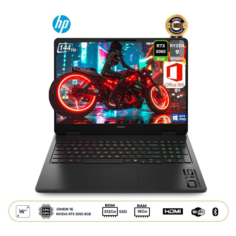 Ordinateur Portable HP OMEN 16 – AMD Ryzen 9 8940HX – Écran 16'' FHD 144Hz – 512Go SSD / 16Go RAM – NVIDIA RTX 5060 8Go – Windows 11 – Qwerty - Garantie 6 mois