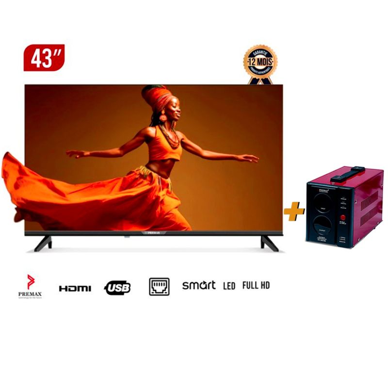 Pack TV Smart - Premax - 43" Full HD - Android 14 - Wi-Fi - Bluetooth - Sans bordures + Régulateur 1000VA - Garantie 12 mois prix glotelho Camerun