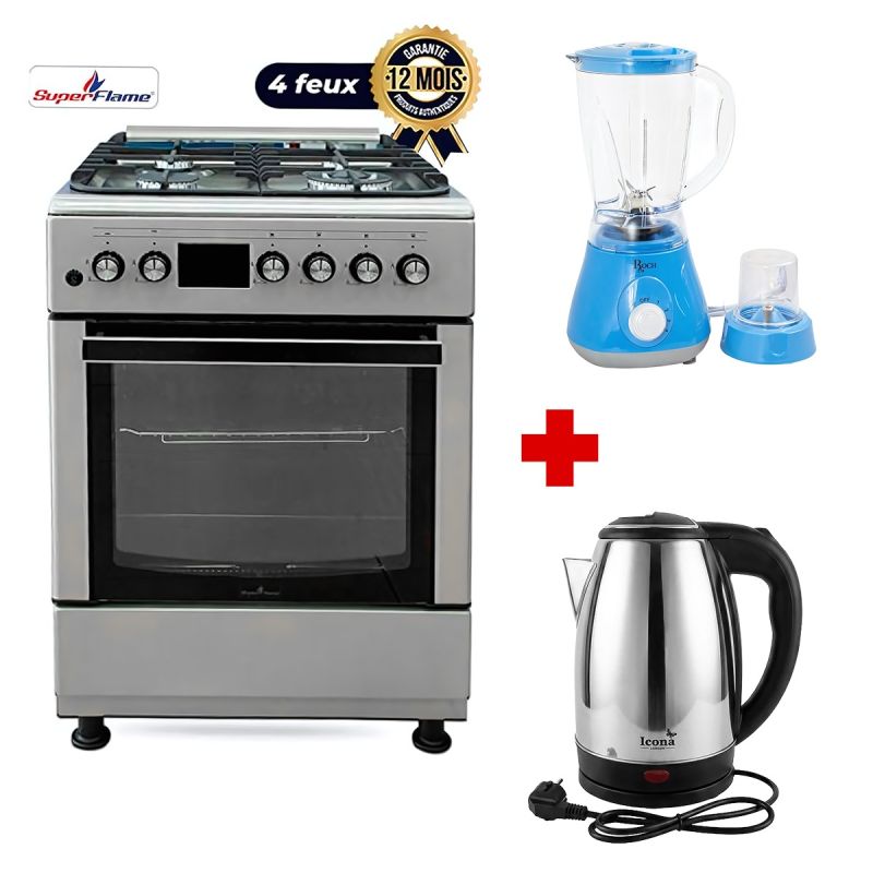 Pack Cuisine SUPER FLAME – Cuisinière à Gaz 4 Feux 60×60 cm Avec Four - Inox + Blender Roch 1,5 L OFFERT + Bouilloire ICONA LONDON 2 OFFERT – Garantie 12 Mois