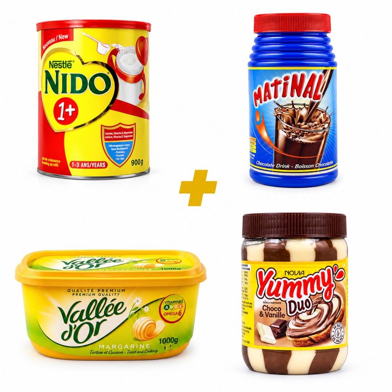 Lait de croissance Nestlé NIDO 1+ - 1-3 ans - 900g + Vallée d'Or - Margarine Tartine et Cuisson - Enrichie en Vitamines A, B, D, E et Oméga 6 - Qualité Premium - 1000 g + Chocolat en poudre – Matinal 800g + Pâtes à tartiner en Pot - Yummy Duo Chocolat et 