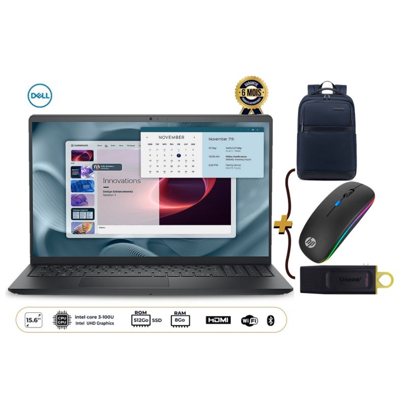 Pack Ordinateur Portable Dell - Pro 15 Essential PV15250 - Intel Core 3-100U - 512 Go SSD - 8 Go RAM + Souris HP W10 + Clé USB Kingston 128 Go + Sac à dos WePower - Garantie 6 mois