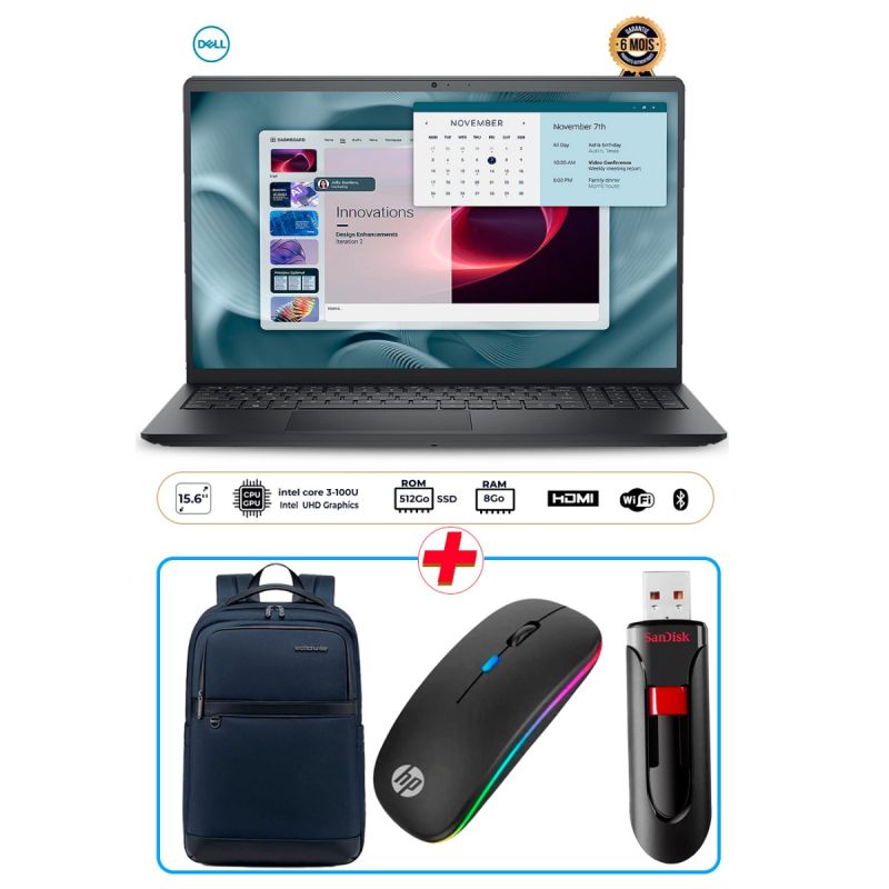 Pack Ordinateur Portable Dell 15 Pro Essential + Sac à dos + Souris  sans fil + Clé usb 128 Go, en promotion au meilleur prix Cameroun. 