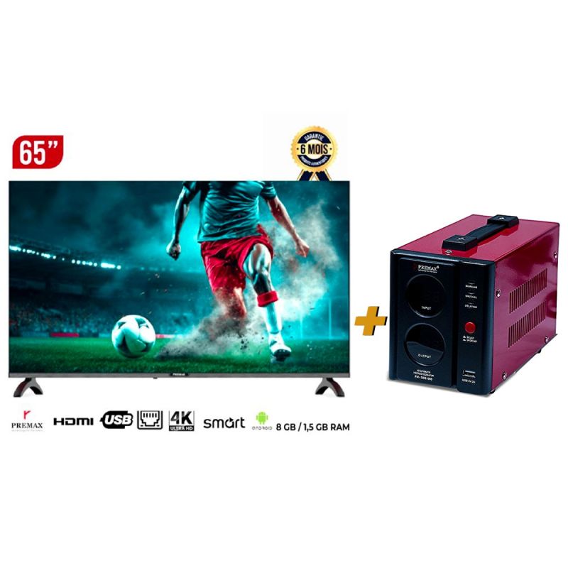 Pack Smart TV - Premax - PM65UHD4KBT - 65" Ultra HD 4K - Wi-Fi - Bluetooth + Régulateur de Tension 1000VA - Garantie 6 mois