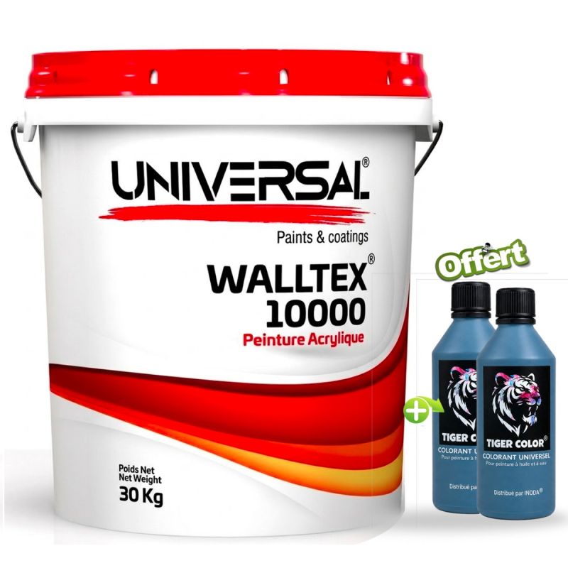 Peinture Acrylique WALLTEX 10000 – 30KG Mate intérieur/extérieur aux copolymères en dispersion aqueuse – Blancheur éclatante + 2 Colorants Universels Tiger Color Offerts