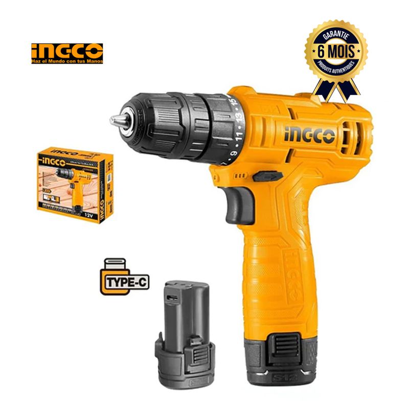 Perceuse sans fil prix en fcfa - INGCO CDLI12428 - 12V - 1.3Ah - Port USB Type-C| Glotelho Cameroun