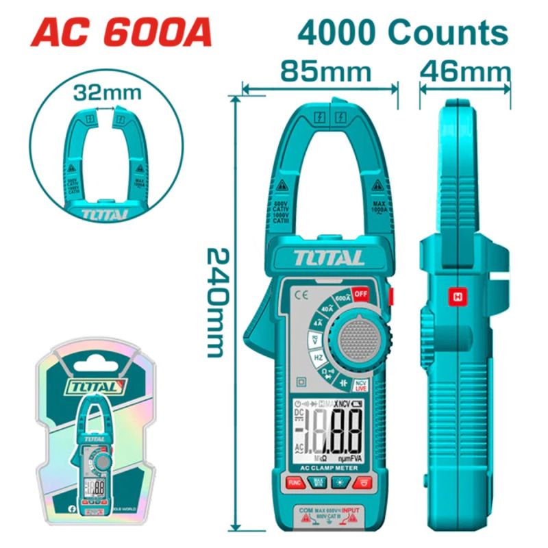 Pince Ampèremétrique Numérique 600 A - TOTAL TMT766001 avec Lampe Intégrée et Fonction NCV 